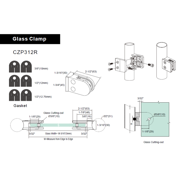 CZP312R, Heavy Duty 2″ Round Back Glass Clamp for 3/8″ or 1/2″ Tempered Glass or Laminated Glass